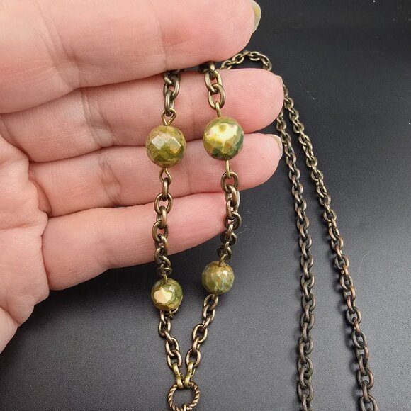 Vntg Tibetan Walking Buddha Amulet Necklace 2 Side Pendant 22" Long Green Stones - Picture 7 of 10